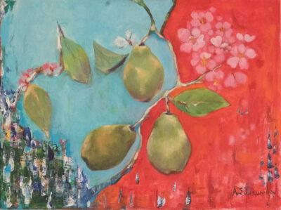 Pears on blue and red